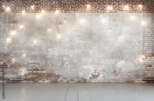 Minimalist white brick wall adorned with shimmering Christmas lights, perfect for background.