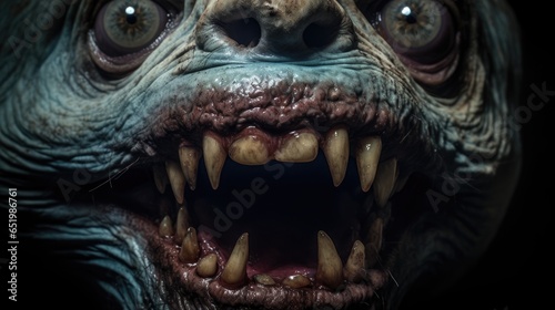 The muzzle of an evil fanged beast from horror films. Alien predatory animal. Extraterrestrial creature. Fictional scary character. Illustration for banner, poster, cover, brochure or presentation.. photo