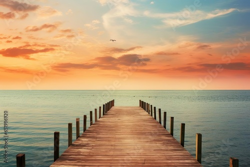 wooden dock pier on the water at sunset, sea summer background with beautiful landscape photo