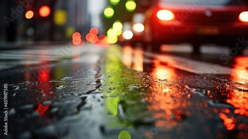 Wet asphalt road with cars in the city lights. Automobiles drive along the lanes of the roadway. Illustration for banner, poster, cover or presentation.