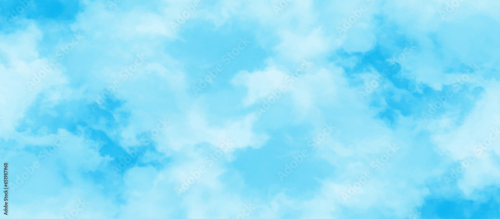 Blue Sky with clouds landscape light background. sky background with white fluffy clouds. Light sky blue shades watercolor background. Sky Nature Landscape Background.