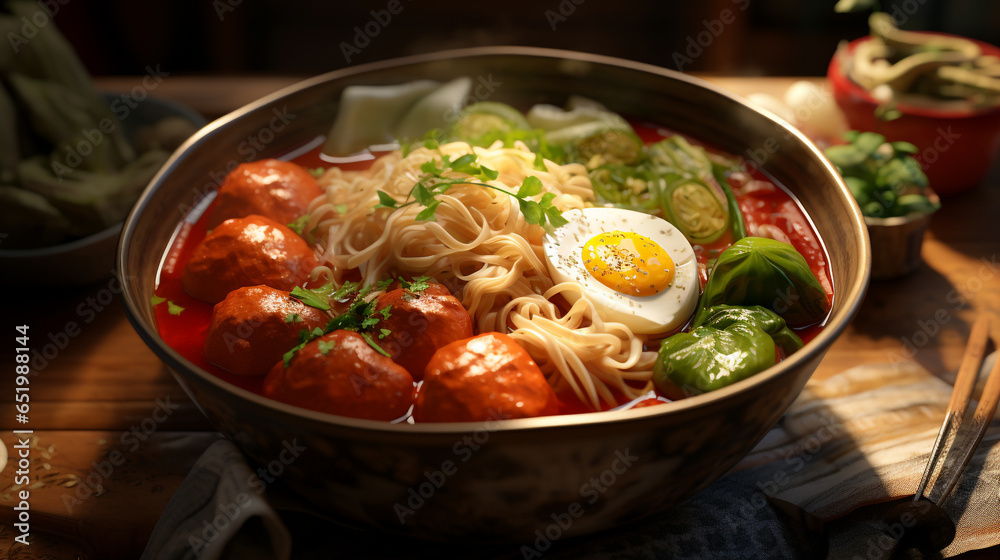 closeup of soup meatballs and noodles in a bowl at a stall, with generative ai
