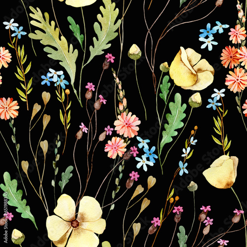Watercolor delicate wildflowers, beige floral seamless pattern. Summer blooming tile. Hand drawn natural botanical background. Repeatable texture, wrapping paper,wallpaper, fabric, textile