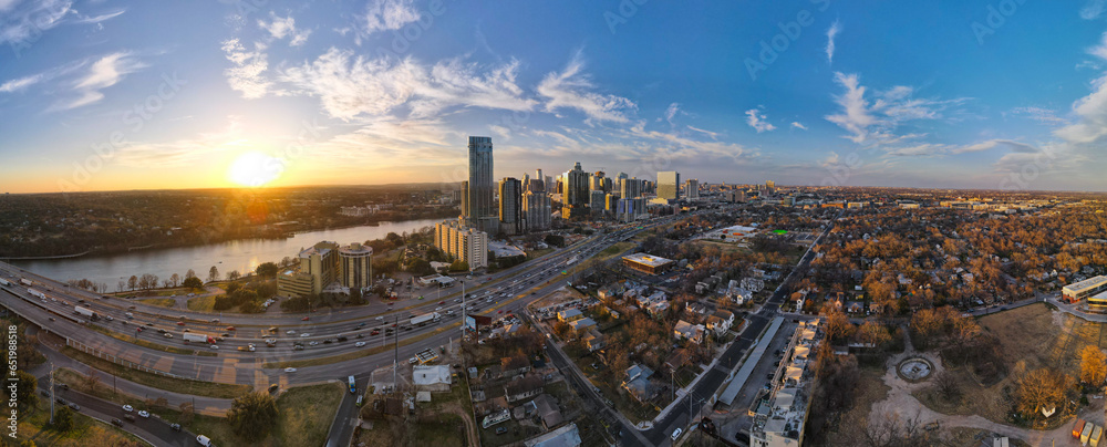 Downtown Austin from the East at Sunset: 180 Degree Aerial Panorama