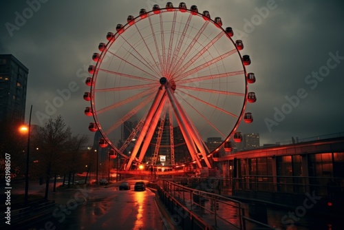 Futuristic Ferris wheel city. Cruise ocean park. Generate Ai