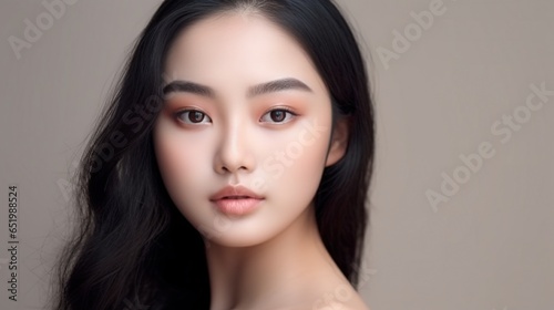 Beautiful young asian woman natural make up on white background, AI generated