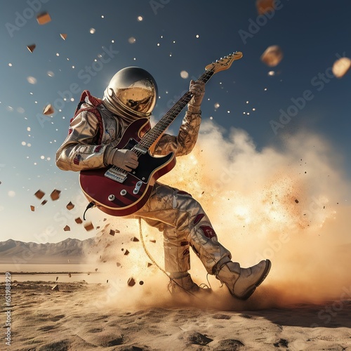 ocket uprising from ground burning man style with astronaut dressed musician holding guitar photo