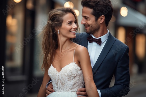 Happy husband and wife in wedding dresses close-up, wedding