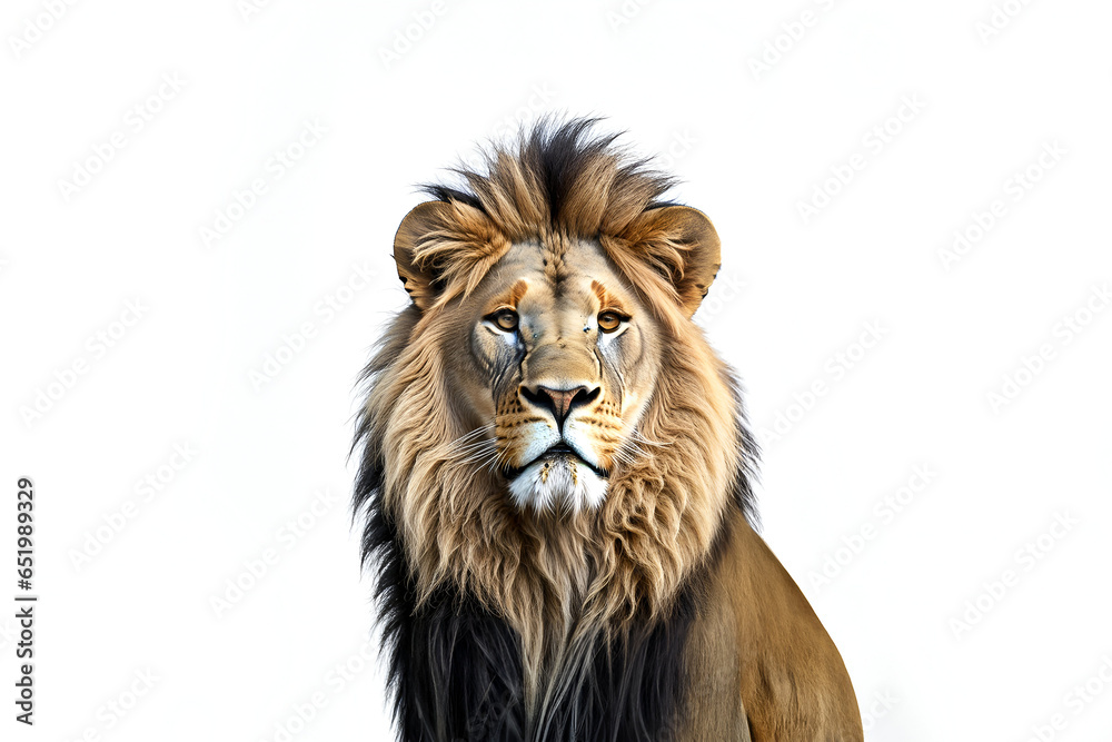 A male lion portrait on an isolated empty white background - Generative AI