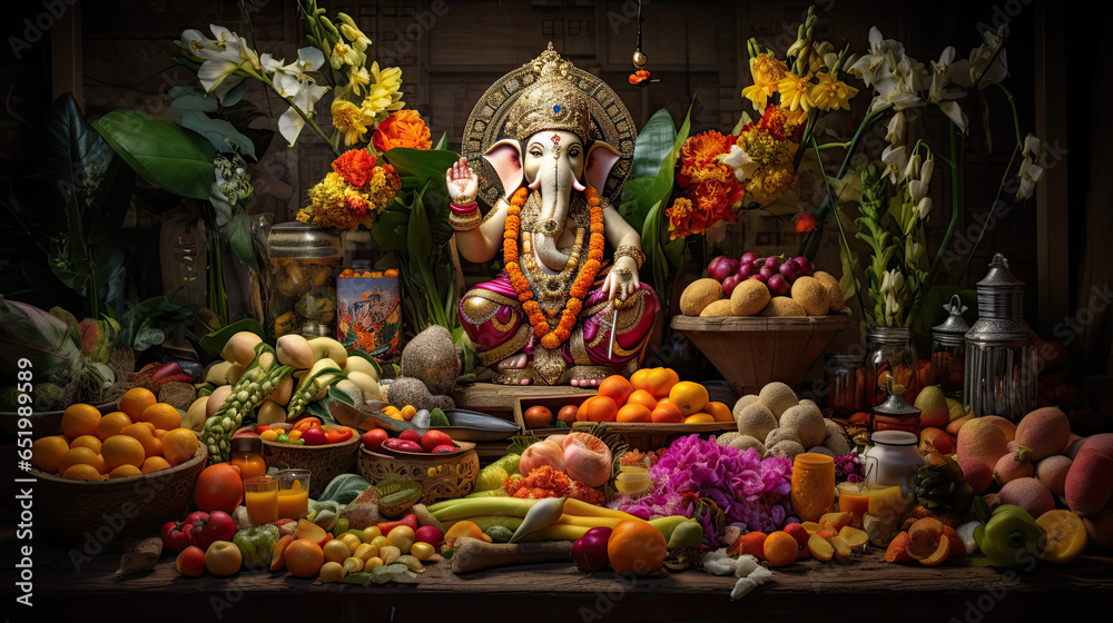 Ganesha on an altar decorated with flowers and fruits.
