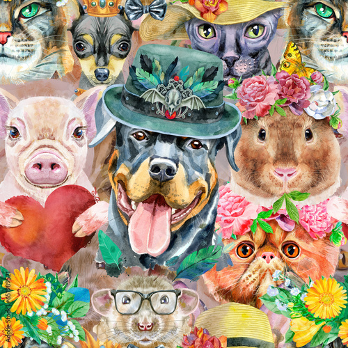 Seamless pattern of of dog, guinea pig, cat, mini pig and rat. Watercolor pets illustration. Watercolor hand drawn illustration