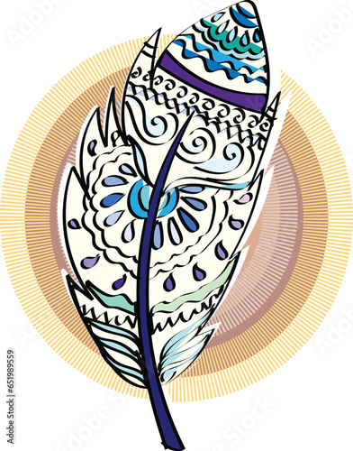 Vector illustration of abstract feather on white background. Amazing feathers with dots, spiral, triangle. Vector. Set collection. Creative bohemia concept for bridal, wedding invitations, cards.