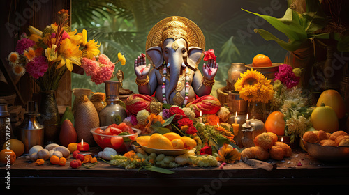 Ganesha on an altar decorated with flowers and fruits.