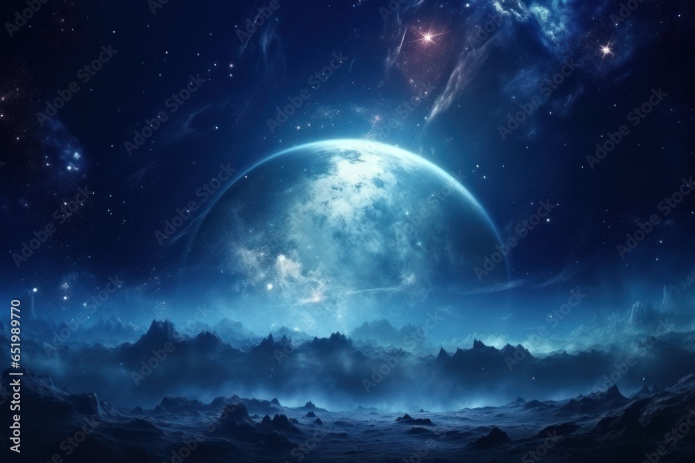 space in blue tones with planets and stars