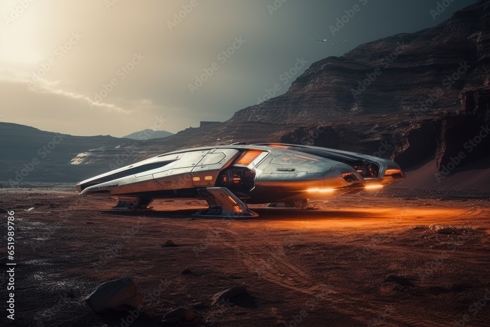 futuristic spaceship landed on the planet mars on the takeoff pad banner with place for text - obrazy, fototapety, plakaty 