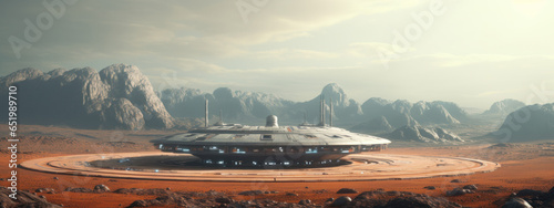 futuristic spaceship landed on the planet mars on the takeoff pad banner with place for text