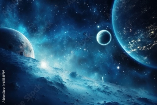 space in blue tones with planets and stars