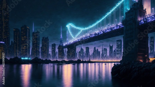 Bridge at night in futuristic cyberpunk style Generated AI.