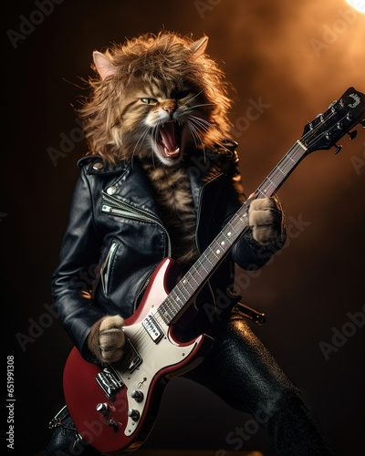 A cat dresses as angus young playing the guitar 