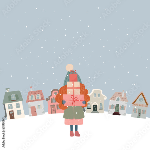 Winter picture. A girl with red hair holds a bunch of gifts in her hands