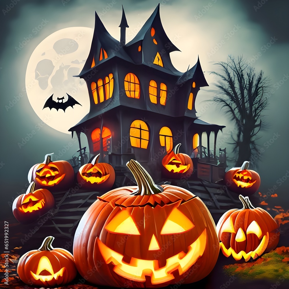 Fototapeta premium Halloween's background with pumpkin and bats