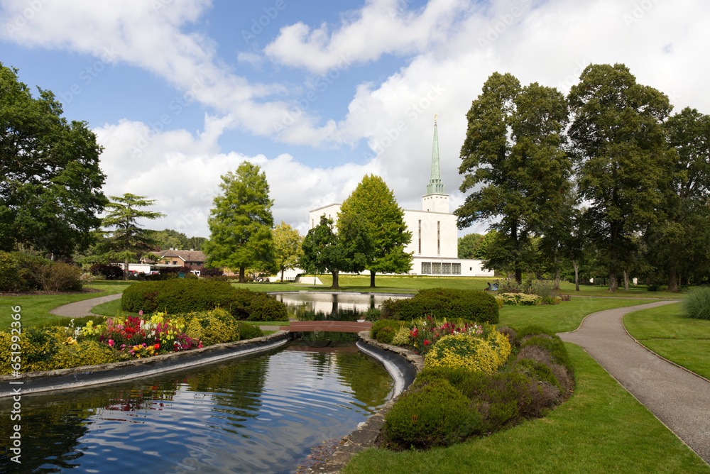 Beautiful park around LDS London temple in summer