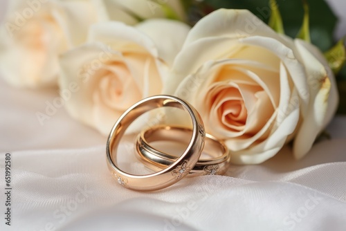 Two wedding rings and a bouquet of flowers close-up in light colors, wedding