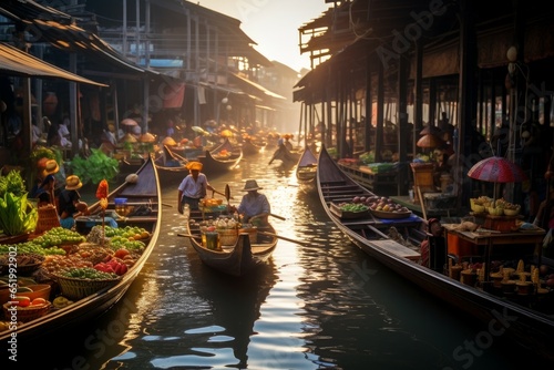 Exotic Floating food market river. Canal river. Generate Ai © juliars