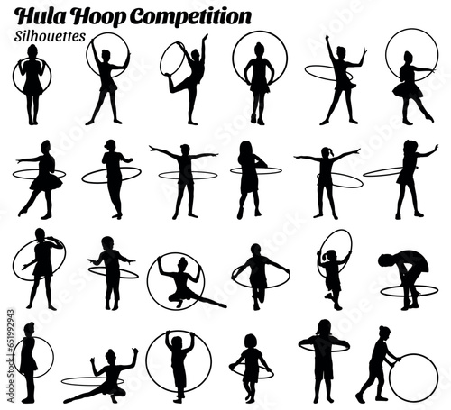 Collection of vector illustrations of silhouettes of children competing to play the hula hoop