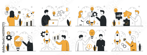 Business scene big set.Collection of scenes new idea and start up business.Concept of entrepreneurship, business startup and new ideas. Business people in different situations. Vector illustrations.