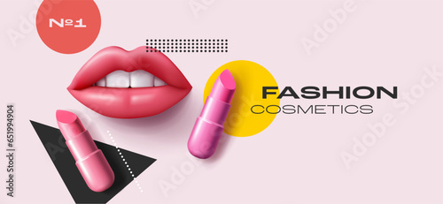 Lipstick promo poster with 3d illustration of female lips and lipstick tubes on graphic geometric backdrop, modern ard fashion banner