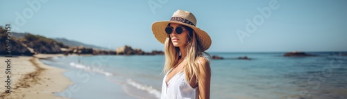 Chic Young Woman Model By The Sea Summer Fashion, Beach Outfits, Modeling, Coastal Living Panoramic Banner