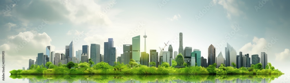 Image Of City Skyline Transforming Into Green Cityscape, Showcasing The Transition Towards Sustainable Urban Development Panoramic Banner