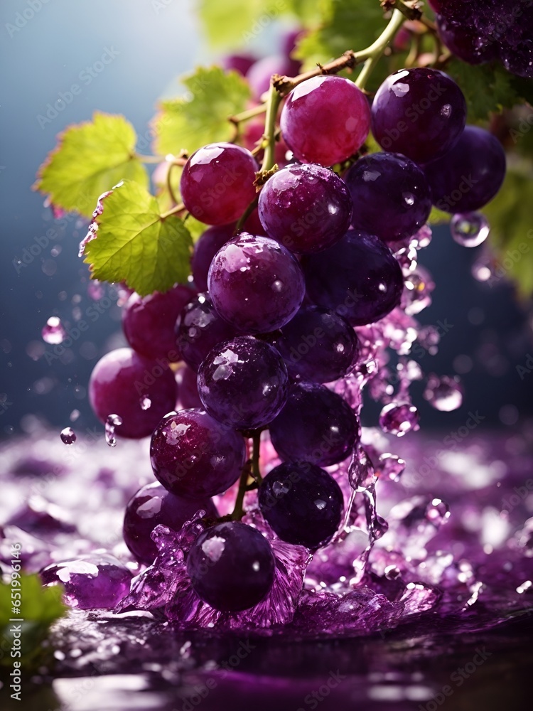 Uvas moradas frescas cayendo con agua tomada con Hasl, Ai Uvas moradas frescas cayendo con agua tomada con Hasl, Ai