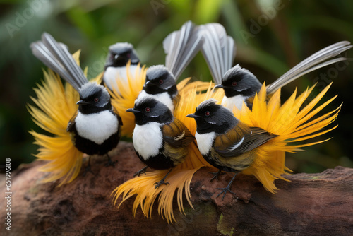 Group of New Zealand Fantail Birds in the wild