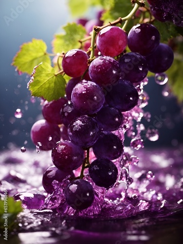 Uvas moradas frescas cayendo con agua tomada con Hasl, Ai