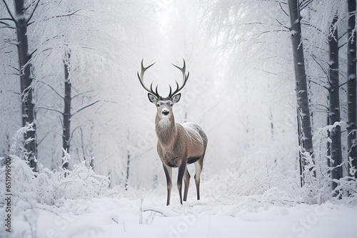 A deer stands in front of a snow covered field in a winter forest. © Fokasu Art