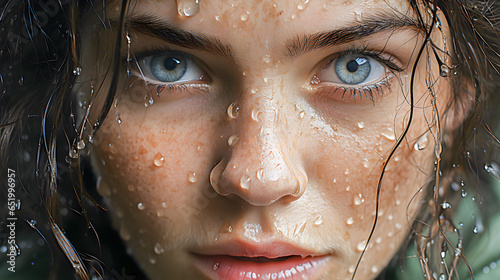 Close-up of the face of a beautiful Caucasian woman in the rain with blue eyes. Generative ai