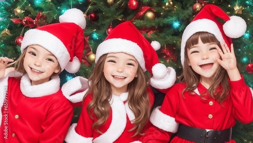 Happy Kids in Santa Costume and hats