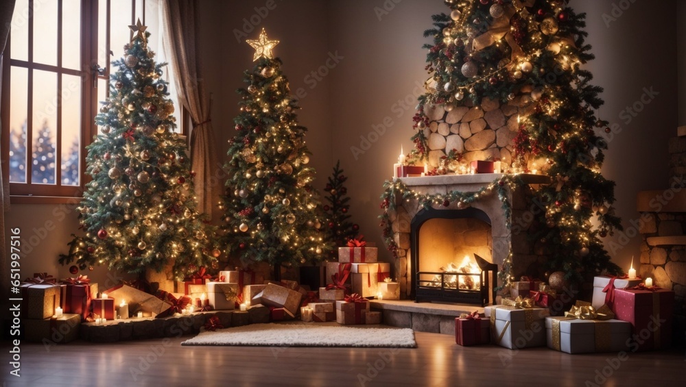 Decorated Christmas Tree with Fireplace in cool night