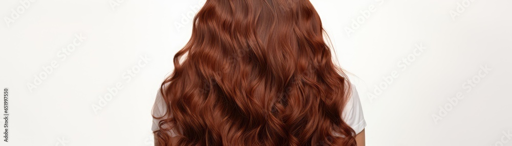 Fototapeta premium Long Brown Curly Hair , Rear View On White Background Panoramic Banner