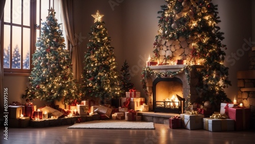 Decorated Christmas Tree with Fireplace in cool night © Resonant Visions