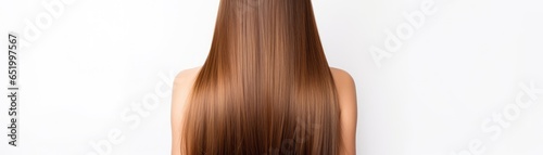Long Brown Straight Hair , Rear View On White Background Panoramic Banner
