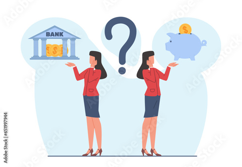 Concept of storing personal finances, woman chooses between bank and piggy bank. Budget planning. Money savings investment and funding. Loan and economy choice. Vector cartoon flat illustration