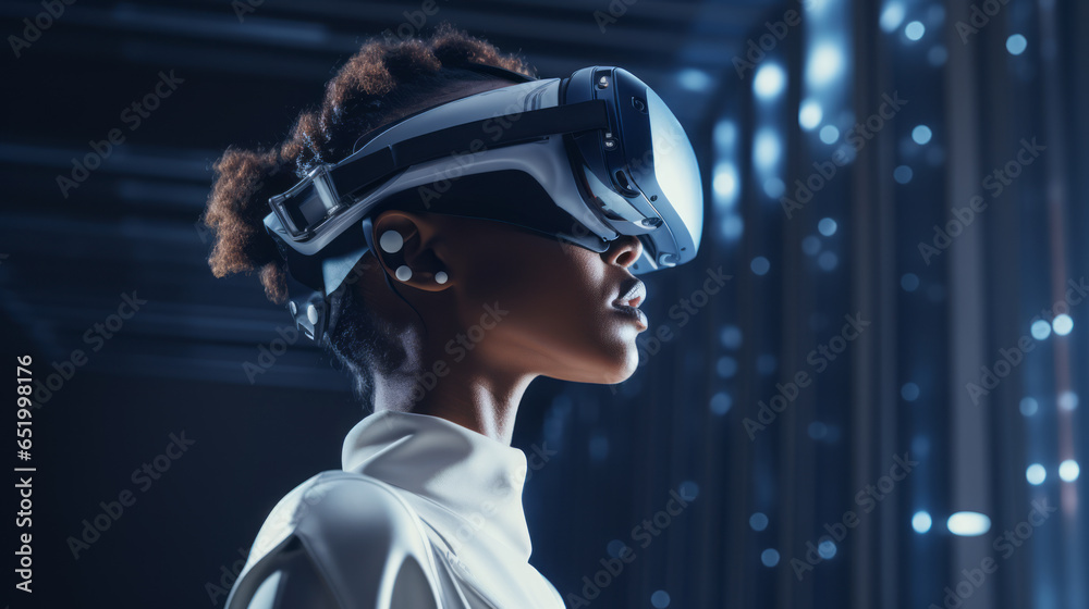 VR and technology in future metaverse. Female with virtual reality headset. VR and technology in future metaverse. Female with virtual reality headset.