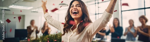 Woman Celebrating Her Promotion With Colleagues At The Office Panoramic Banner photo