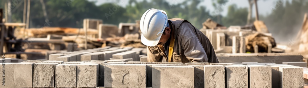 Worker In The Background Cement Block Plant Panoramic Banner Worker In The Background Cement Block Plant Panoramic Banner