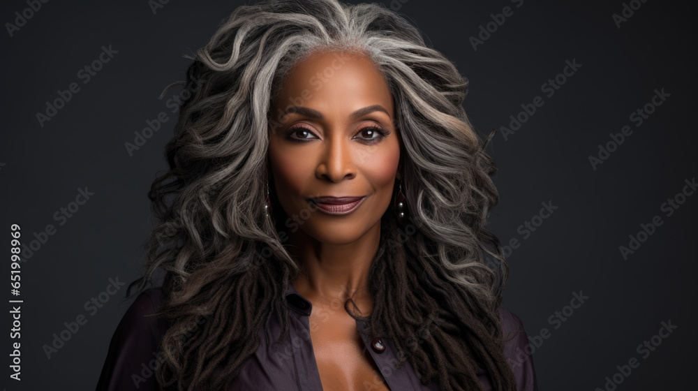 Portrait of senior mature middle aged lady with long gray natural coloring vibrant silky hair.