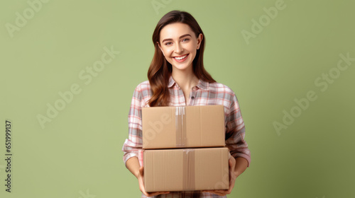 Young happy woman holding brown clear blank craft stack cardboard boxes mock up isolated on green background © MP Studio