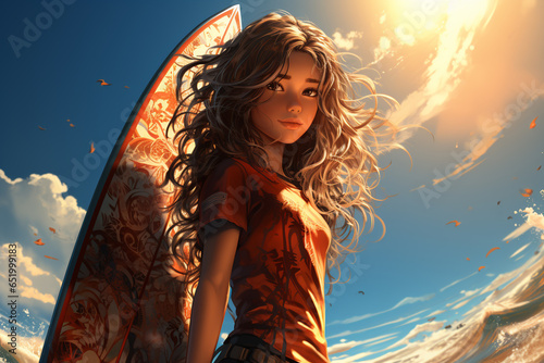 surfer woman with surfboard on the beach near sea